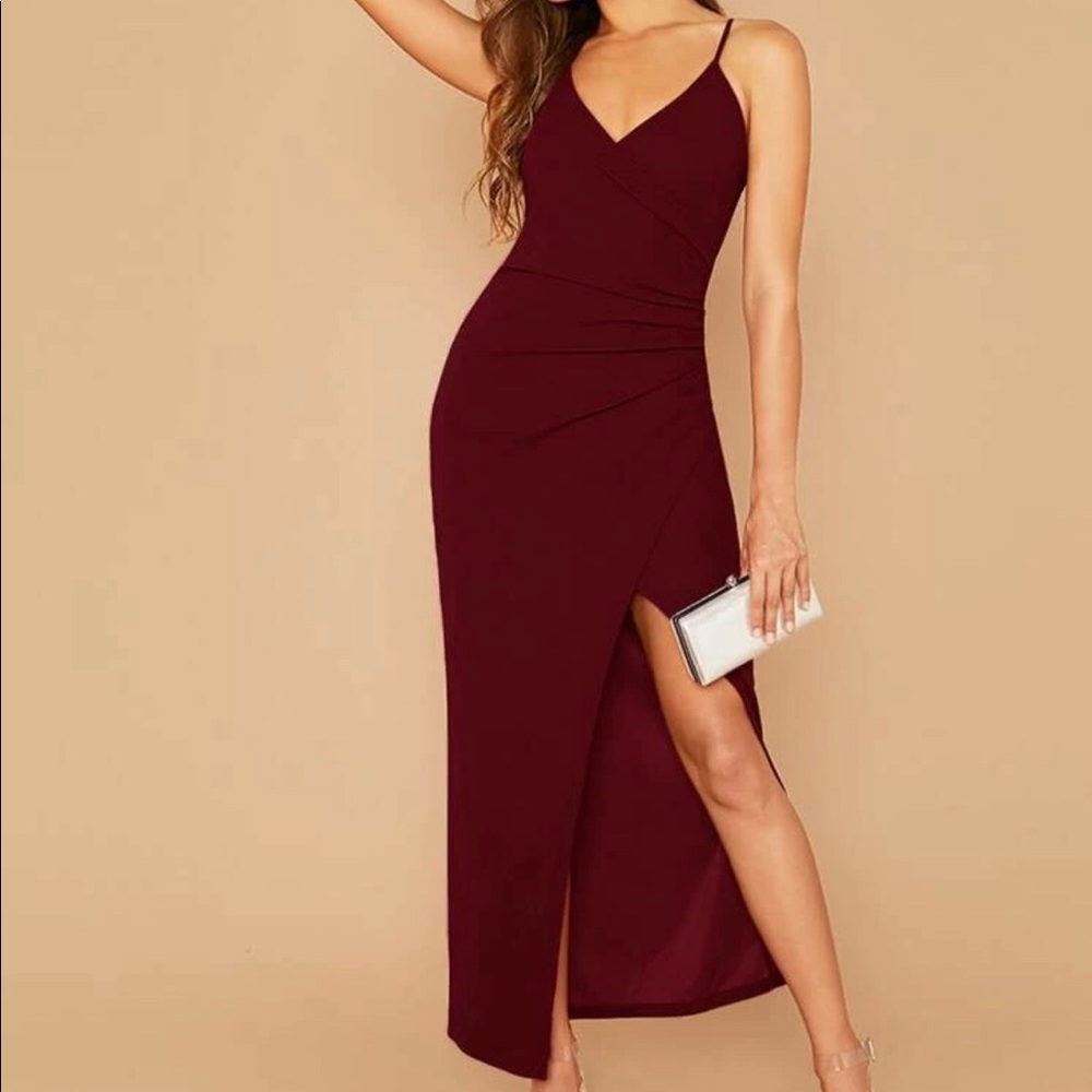 Maroon maxi dress with left thigh split